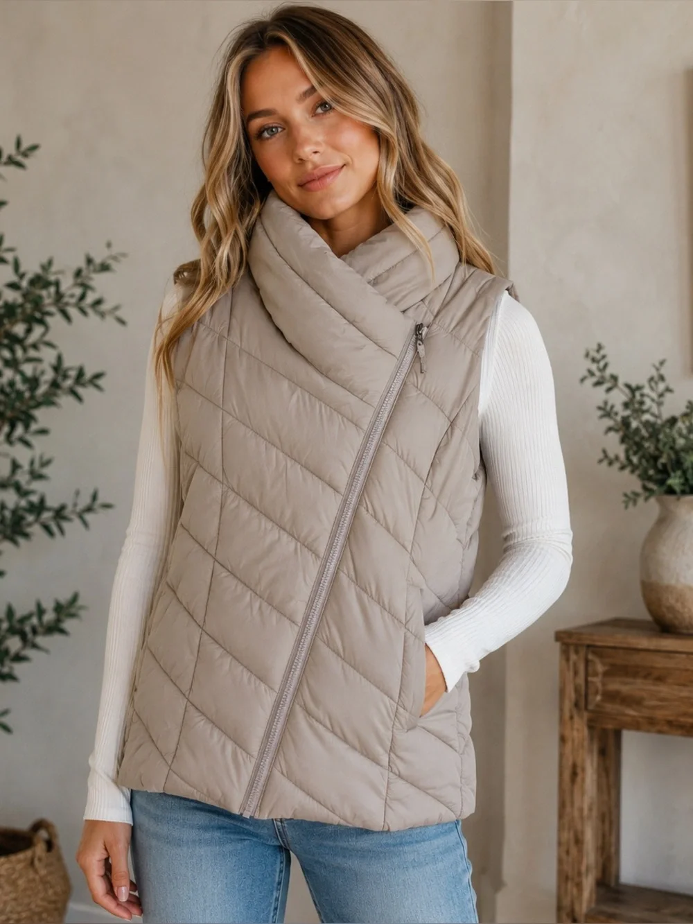 Cole Haan C.R. Cignal Asymmetrical Puffer Vest Beige Quilted Size L Warm